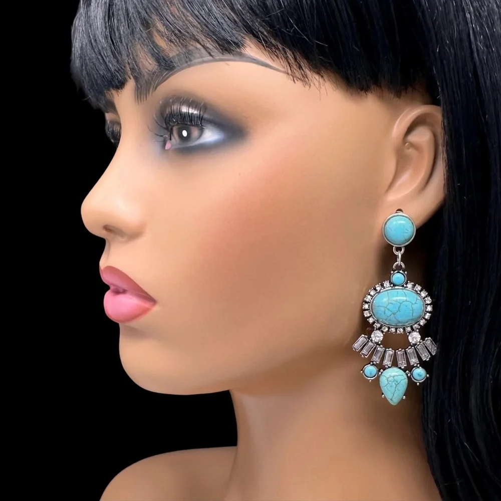 🌼 Unique Turquoise & Rhinestone Earrings - Picture 4 of 4